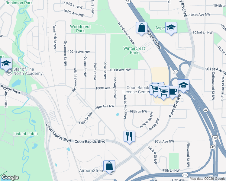 map of restaurants, bars, coffee shops, grocery stores, and more near 9950 Norway Street Northwest in Coon Rapids