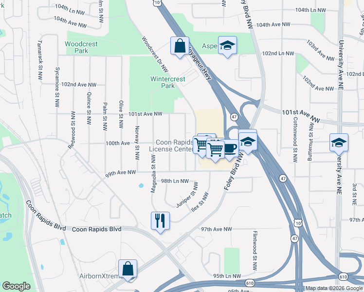 map of restaurants, bars, coffee shops, grocery stores, and more near 9950 Kumquat Street Northwest in Coon Rapids