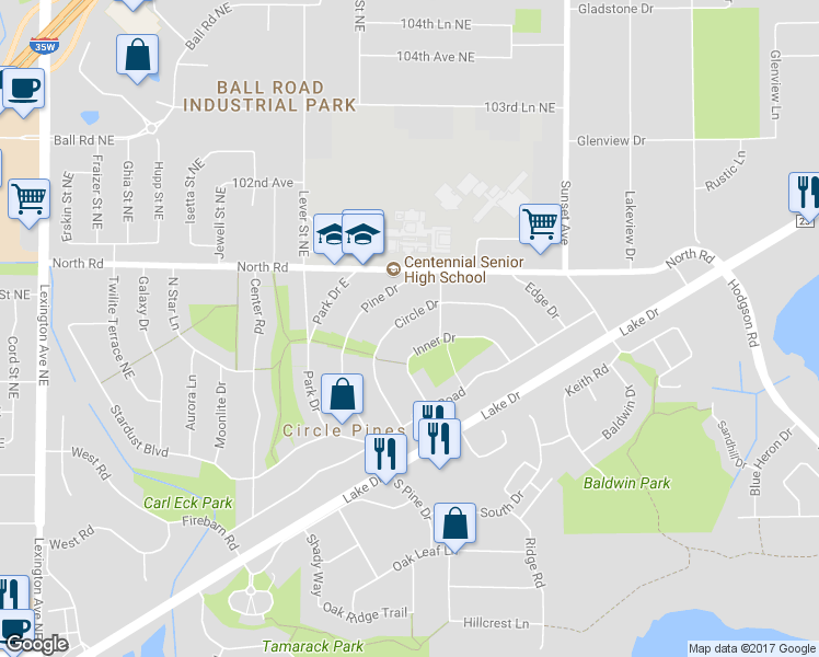 map of restaurants, bars, coffee shops, grocery stores, and more near 28 Circle Drive in Circle Pines