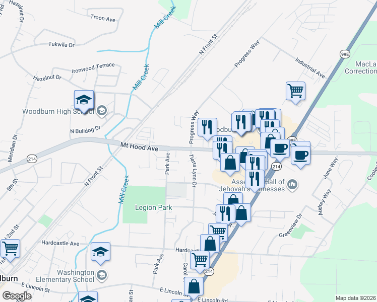 map of restaurants, bars, coffee shops, grocery stores, and more near 1785 Tierra Lynn Drive in Woodburn