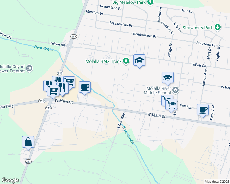 map of restaurants, bars, coffee shops, grocery stores, and more near 13053 Oregon 211 in Molalla