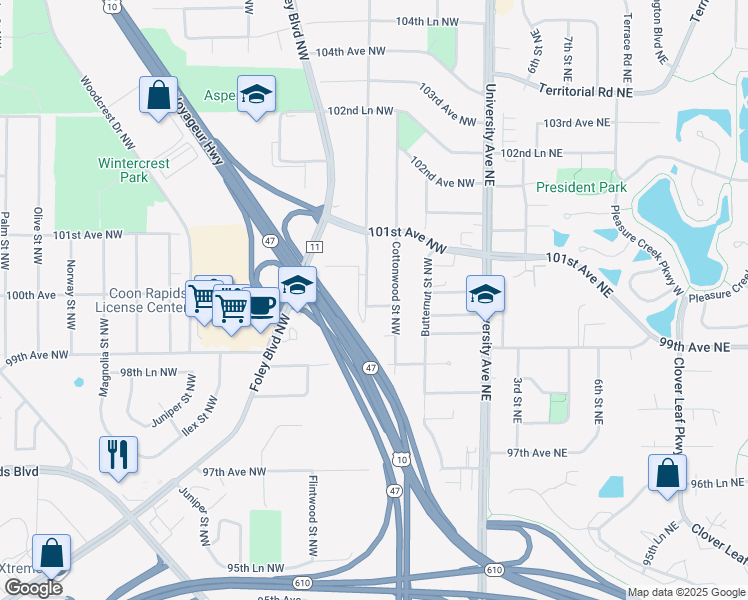 map of restaurants, bars, coffee shops, grocery stores, and more near 10013 Dogwood Street Northwest in Minneapolis