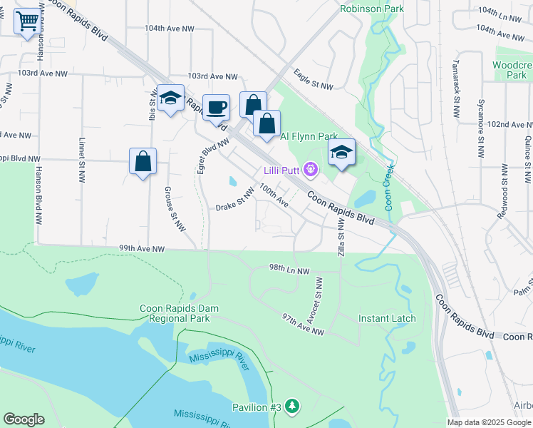 map of restaurants, bars, coffee shops, grocery stores, and more near 1410 100th Avenue Northwest in Coon Rapids