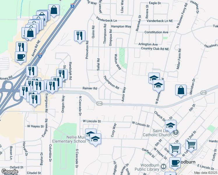 map of restaurants, bars, coffee shops, grocery stores, and more near 1441 Sallal Road in Woodburn