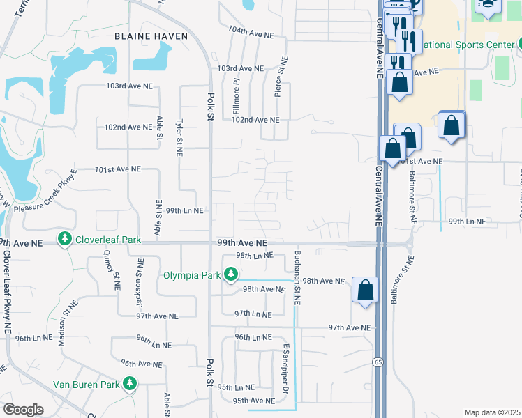 map of restaurants, bars, coffee shops, grocery stores, and more near 9973 Fillmore Street Northeast in Blaine