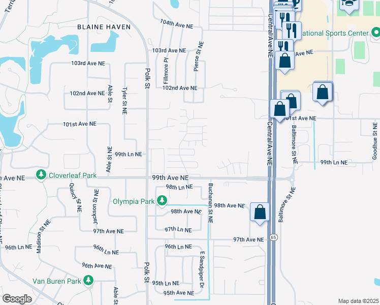 map of restaurants, bars, coffee shops, grocery stores, and more near 9995 Fillmore Street Northeast in Blaine