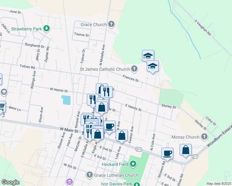 map of restaurants, bars, coffee shops, grocery stores, and more near 138 Shirley Street in Molalla
