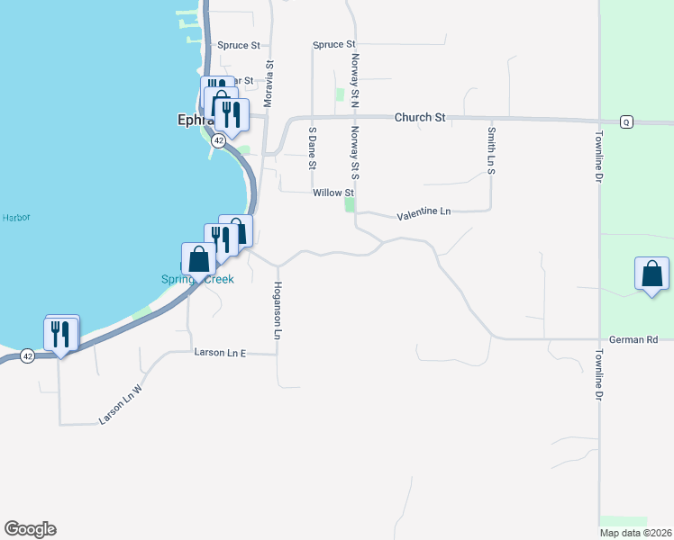 map of restaurants, bars, coffee shops, grocery stores, and more near 2981 German Road in Ephraim