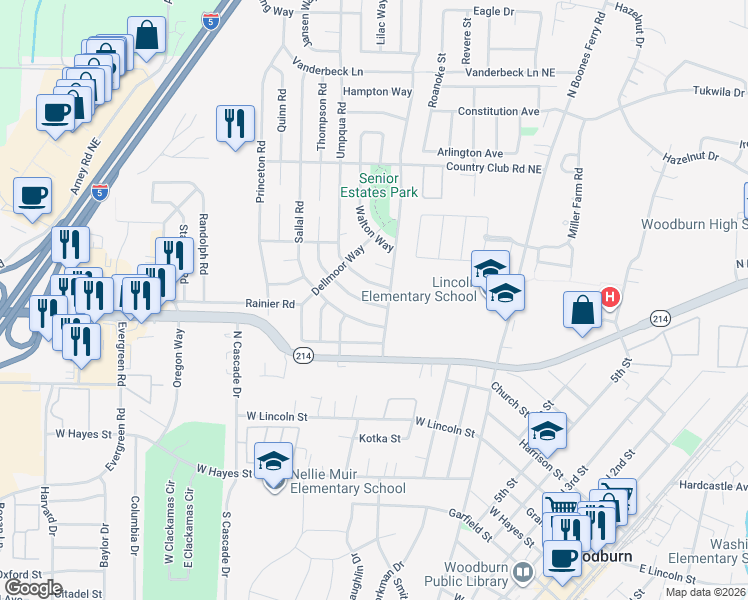 map of restaurants, bars, coffee shops, grocery stores, and more near 1323 Thompson Road in Woodburn