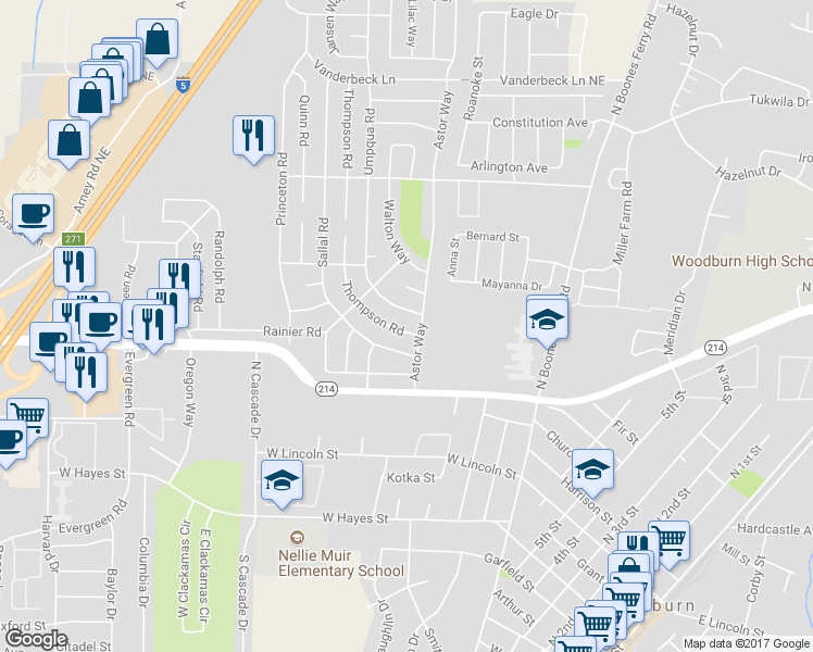 map of restaurants, bars, coffee shops, grocery stores, and more near 1323 Thompson Road in Woodburn