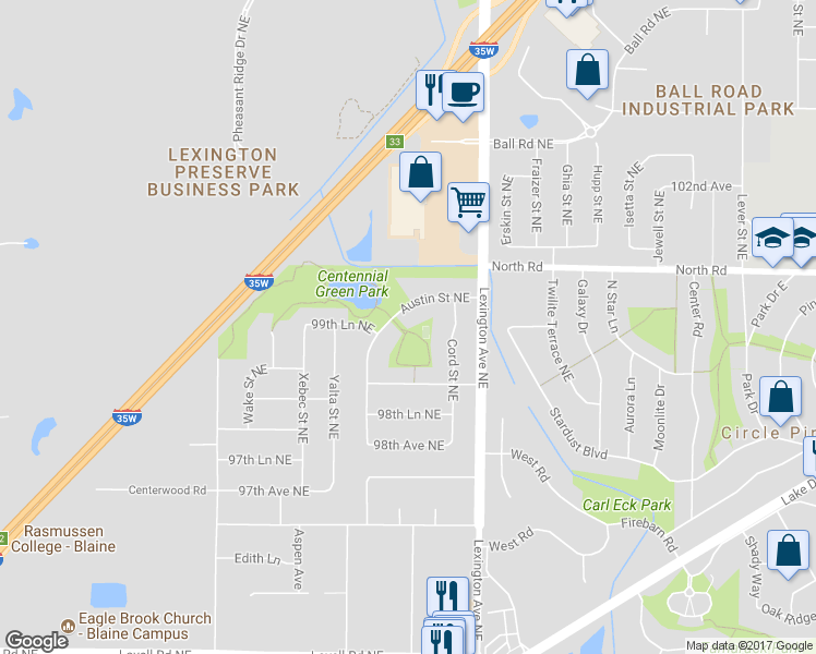 map of restaurants, bars, coffee shops, grocery stores, and more near 10027 Austin Street Northeast in Circle Pines