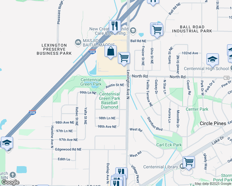 map of restaurants, bars, coffee shops, grocery stores, and more near 10008 Cord Street Northeast in Circle Pines