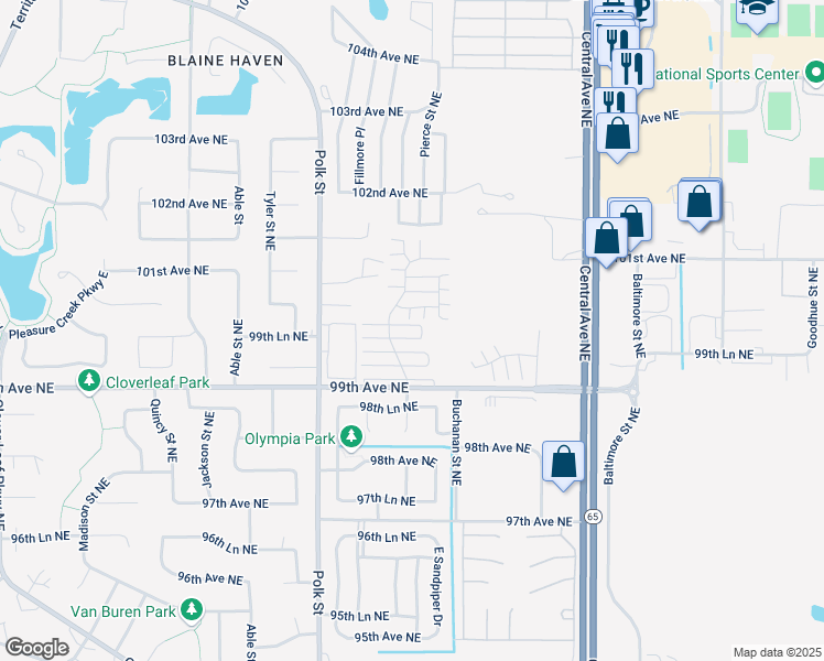map of restaurants, bars, coffee shops, grocery stores, and more near 9995 Fillmore Street Northeast in Blaine