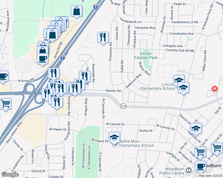 map of restaurants, bars, coffee shops, grocery stores, and more near 1025 Princeton Road in Woodburn