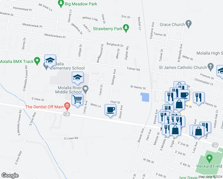 map of restaurants, bars, coffee shops, grocery stores, and more near 434 Ridings Avenue in Molalla