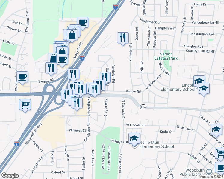 map of restaurants, bars, coffee shops, grocery stores, and more near 1009 Randolph Road in Woodburn