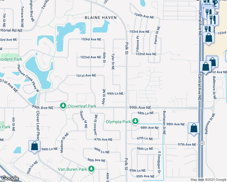map of restaurants, bars, coffee shops, grocery stores, and more near 941 99th Lane Northeast in Blaine