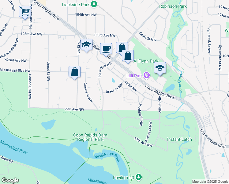 map of restaurants, bars, coffee shops, grocery stores, and more near 10070 Drake Street Northwest in Coon Rapids