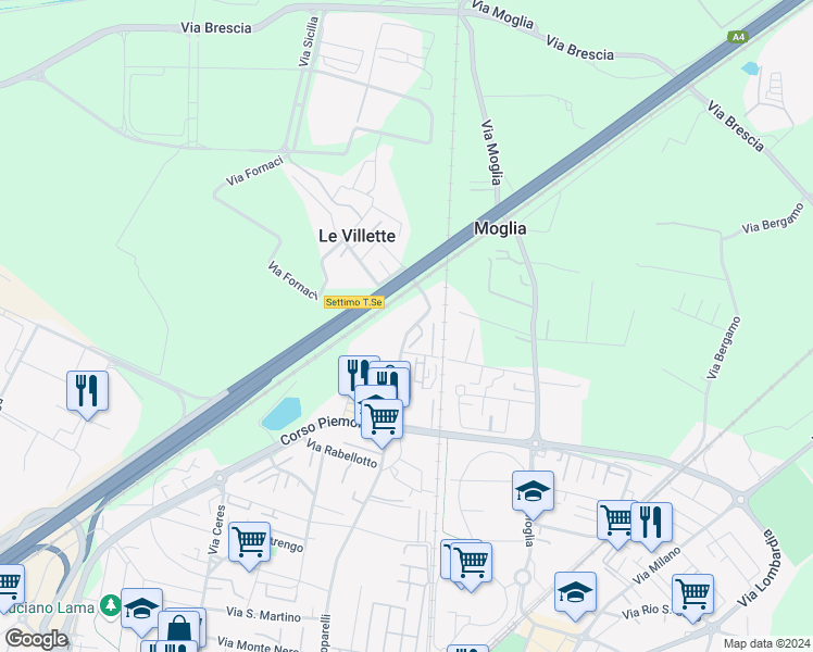 map of restaurants, bars, coffee shops, grocery stores, and more near 41 Via Fornaci in Settimo Torinese
