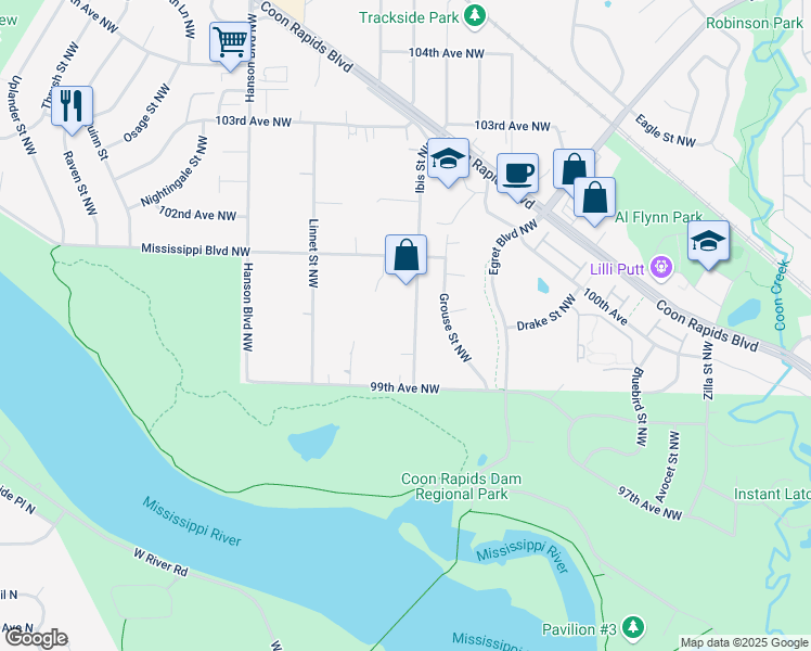 map of restaurants, bars, coffee shops, grocery stores, and more near 9950 Ibis Street Northwest in Coon Rapids