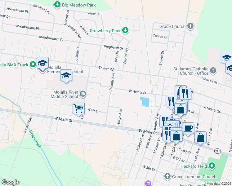 map of restaurants, bars, coffee shops, grocery stores, and more near 619 Prince Court in Molalla