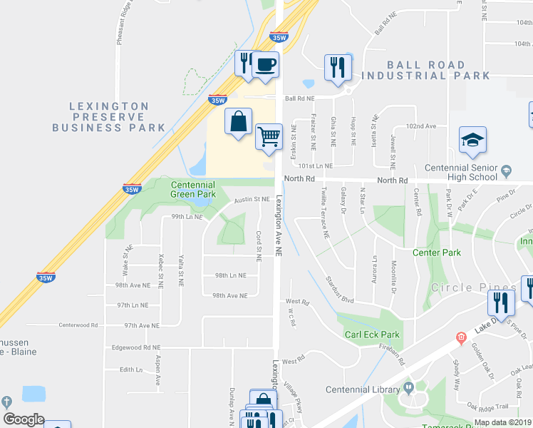 map of restaurants, bars, coffee shops, grocery stores, and more near 10021 Cord Street Northeast in Circle Pines