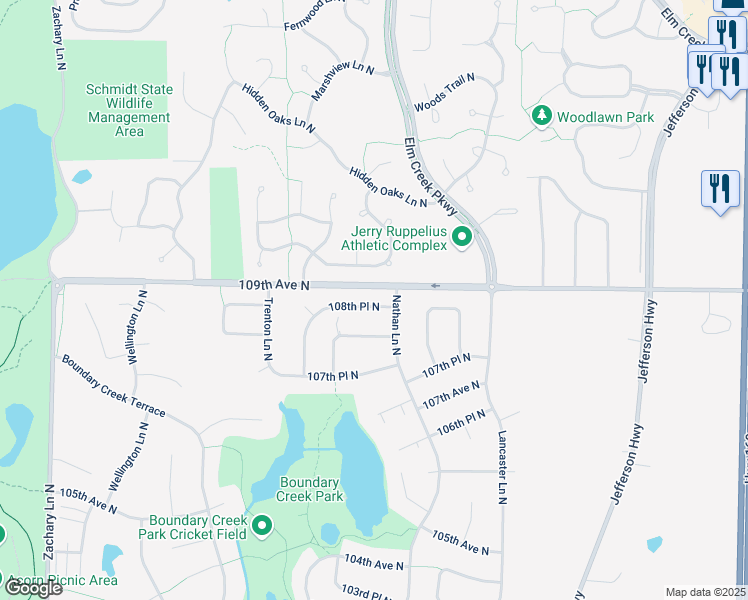 map of restaurants, bars, coffee shops, grocery stores, and more near 9968 108th Place North in Maple Grove