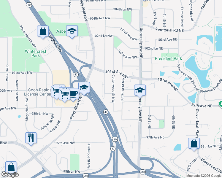 map of restaurants, bars, coffee shops, grocery stores, and more near 10013 Dogwood Street in Minneapolis