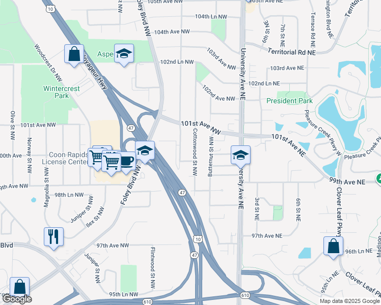 map of restaurants, bars, coffee shops, grocery stores, and more near 10013 Dogwood Street in Minneapolis