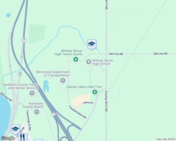 map of restaurants, bars, coffee shops, grocery stores, and more near 2701 30th Street Northeast in Willmar