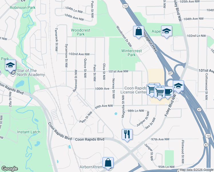 map of restaurants, bars, coffee shops, grocery stores, and more near 9950 Norway Street Northwest in Coon Rapids