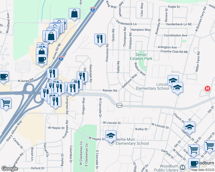 map of restaurants, bars, coffee shops, grocery stores, and more near 1025 Princeton Road in Woodburn