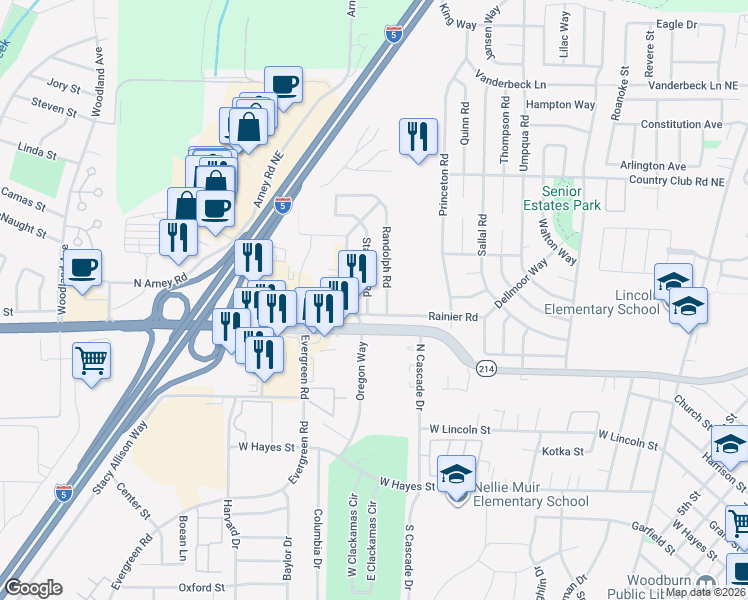 map of restaurants, bars, coffee shops, grocery stores, and more near 1009 Randolph Road in Woodburn