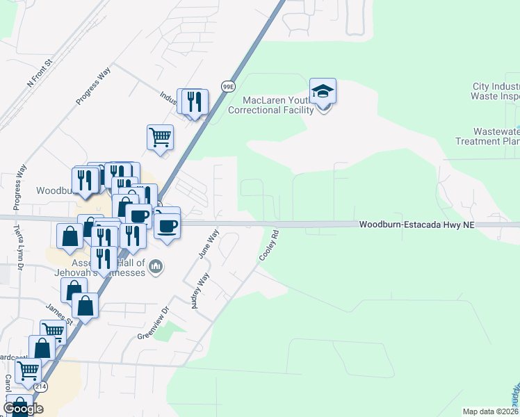 map of restaurants, bars, coffee shops, grocery stores, and more near 2130 Molalla Road in Woodburn