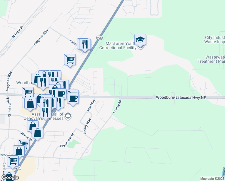 map of restaurants, bars, coffee shops, grocery stores, and more near 2130 Molalla Road in Woodburn
