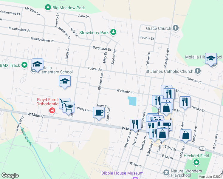 map of restaurants, bars, coffee shops, grocery stores, and more near 301 West Heintz Street in Molalla