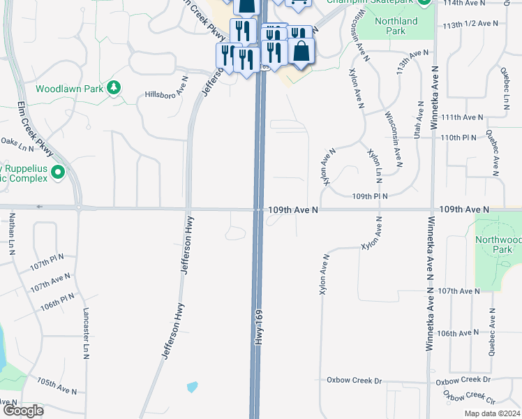 map of restaurants, bars, coffee shops, grocery stores, and more near 8600 U.S. 169 in Champlin