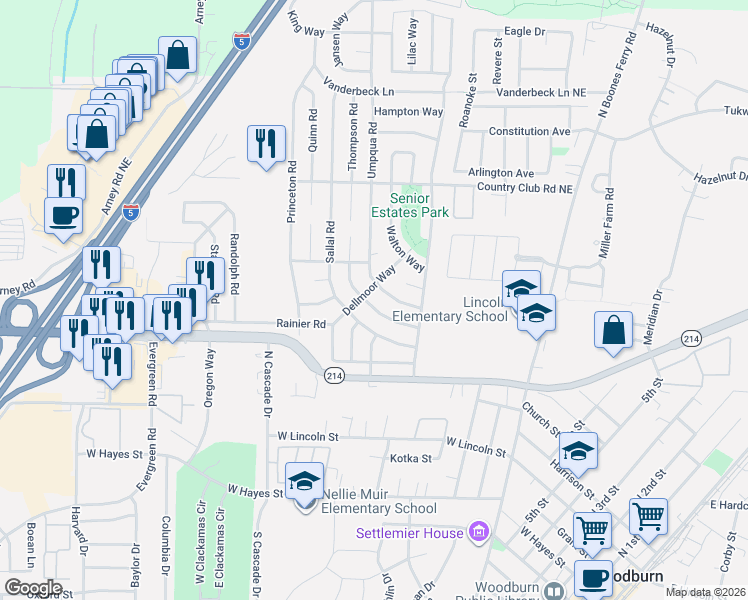 map of restaurants, bars, coffee shops, grocery stores, and more near 1441 Sallal Road in Woodburn