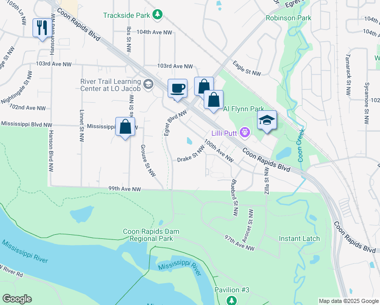 map of restaurants, bars, coffee shops, grocery stores, and more near 10021 Drake Street Northwest in Minneapolis