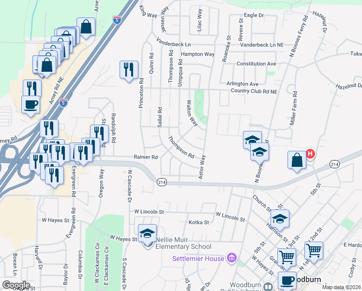 map of restaurants, bars, coffee shops, grocery stores, and more near 1383 Thompson Road in Woodburn