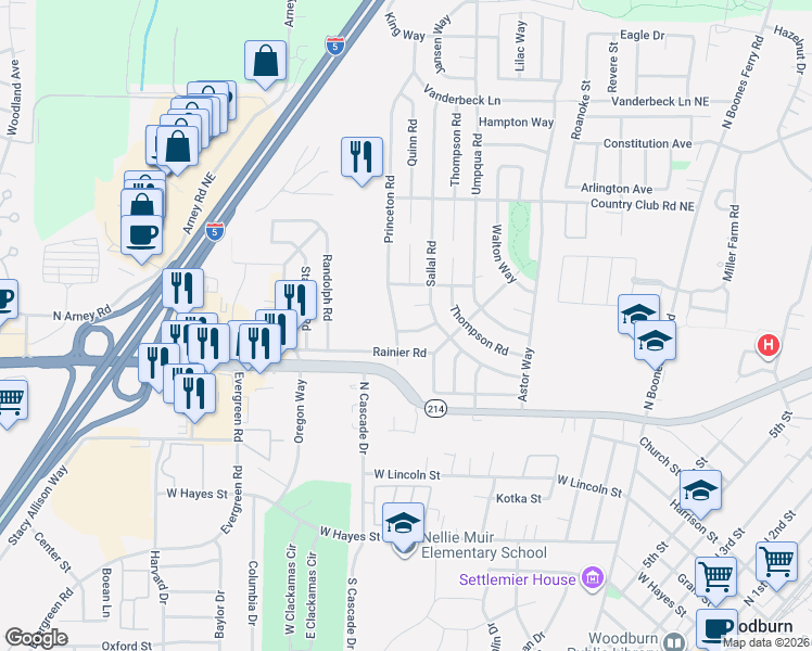 map of restaurants, bars, coffee shops, grocery stores, and more near 1025 Princeton Road in Woodburn