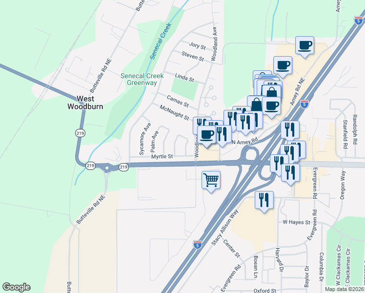 map of restaurants, bars, coffee shops, grocery stores, and more near 31 Myrtle Street in Woodburn