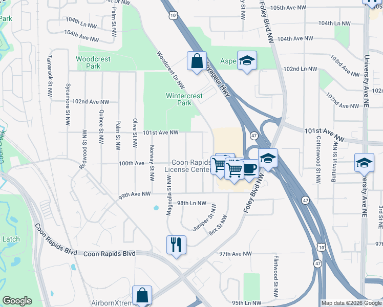 map of restaurants, bars, coffee shops, grocery stores, and more near 9950 Kumquat Street Northwest in Coon Rapids