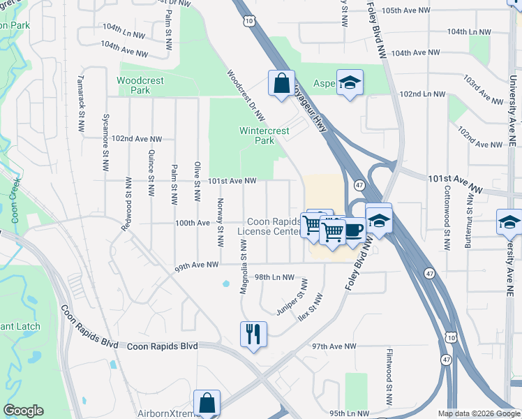 map of restaurants, bars, coffee shops, grocery stores, and more near 9950 Larch Street Northwest in Coon Rapids