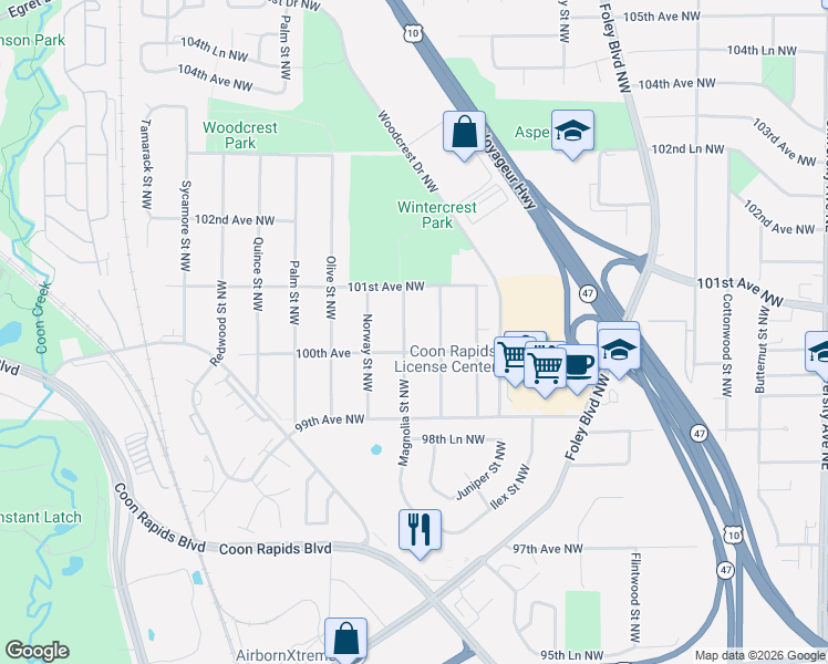 map of restaurants, bars, coffee shops, grocery stores, and more near 9950 Larch Street Northwest in Coon Rapids