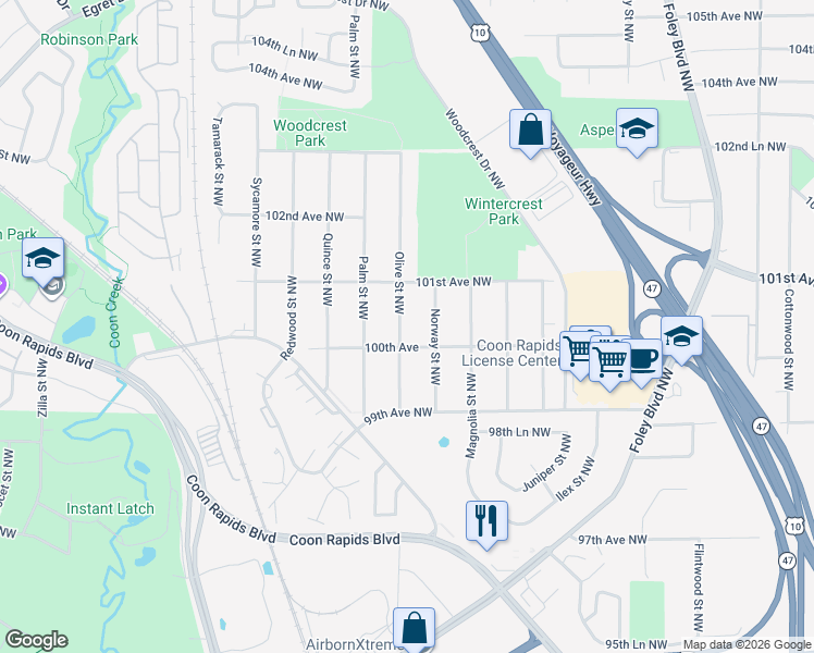 map of restaurants, bars, coffee shops, grocery stores, and more near 9950 Norway Street Northwest in Coon Rapids