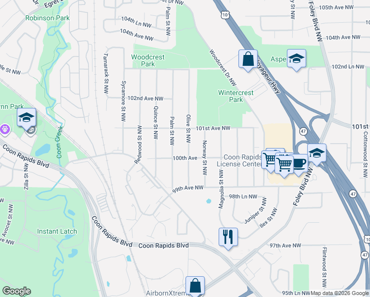 map of restaurants, bars, coffee shops, grocery stores, and more near 9950 Olive Street Northwest in Coon Rapids