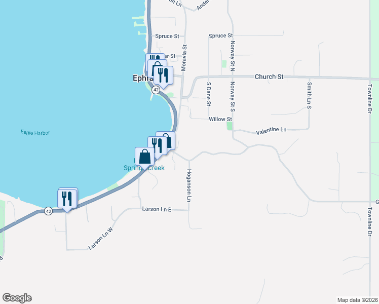 map of restaurants, bars, coffee shops, grocery stores, and more near 9896 Hoganson Lane in Ephraim