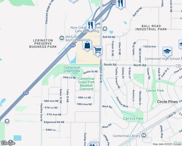 map of restaurants, bars, coffee shops, grocery stores, and more near 10008 Cord Street Northeast in Circle Pines