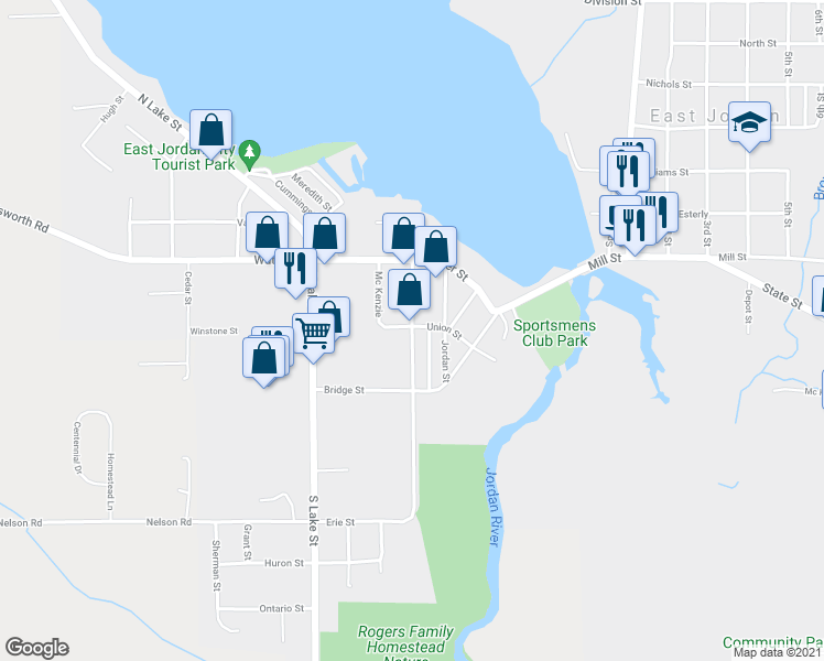 map of restaurants, bars, coffee shops, grocery stores, and more near 207 Echo Street in East Jordan